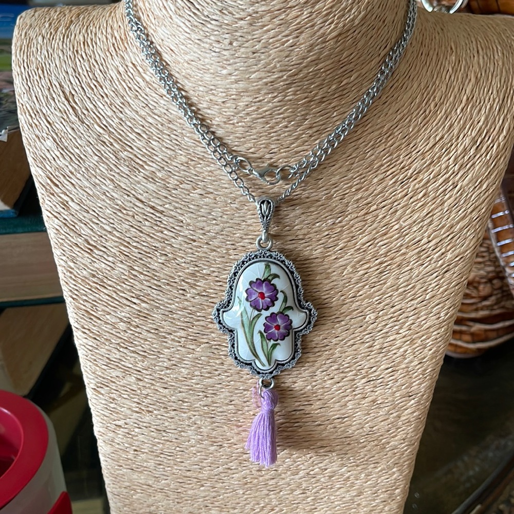 Very beautiful porcelain flowered hamsa from Turkey pewter finish long 32”